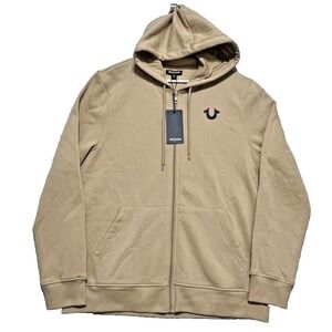 True Religion Distressed Full Zip Hoodie Sweatshirt Mens XL Beige Streetwear